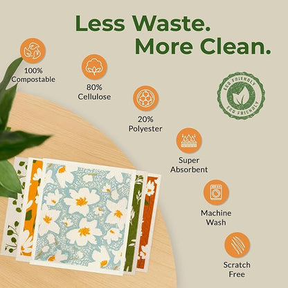 Swedish Dishcloths, Super Absorbent Multi-Surface Cleaning Cloths, Blue Floral Print, 80% Cellulose, 6.7x7.5 Inch, Set of 5 Designs