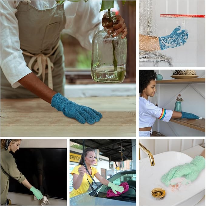 Patelai 2 Pairs Microfiber Gloves for plants Dusting Cleaning Glove Mittens House Cars Blinds Dusting(Blue, Grass Green,X-Large)