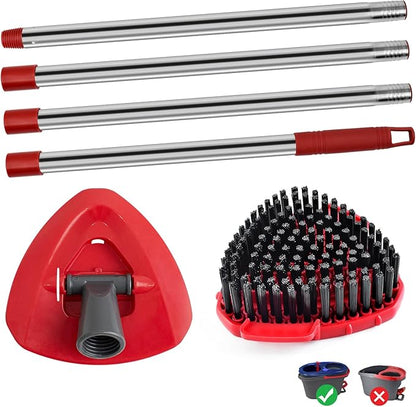 4-Section Stainless Steel Spin Mop Handles, Mop Base & Upgrade Scrub Brush Combo for Ocedar EasyWring RinseClean 2 Tank System, Mop Handle Mop Base & Brush Set for O Cedar, Universal Thin Screw Joints
