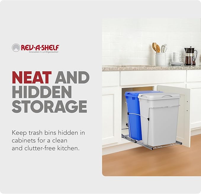 Rev-A-Shelf Double 35 Qt Pullout Trash Can for Base Kitchen Cabinets, Garbage Waste & Recycling Bin System with Lids & Full Extension Slides, Min Opening Width of 14.5", Blue/White, RV-18KD-11RC-S