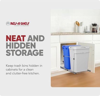 Rev-A-Shelf Double 35 Qt Pullout Trash Can for Base Kitchen Cabinets, Garbage Waste & Recycling Bin System with Lids & Full Extension Slides, Min Opening Width of 14.5", Blue/White, RV-18KD-11RC-S
