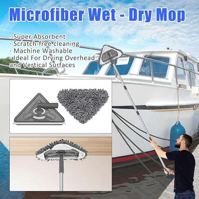 Boat Wash Cleaning Kit with Wet Dry Mop Collapsible Bucket Boat Scrubbing Brush Glove Boat Scuff Sponge Microfiber Towel Complete Interior Exterior Fiberglass Boat Hull Cleaning Set for Boat