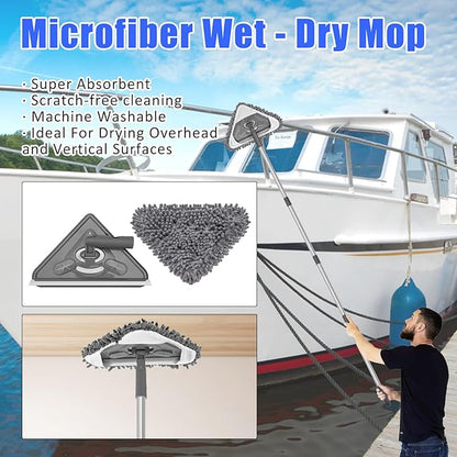 Boat Wash Cleaning Kit with Wet Dry Mop Collapsible Bucket Boat Scrubbing Brush Glove Boat Scuff Sponge Microfiber Towel Complete Interior Exterior Fiberglass Boat Hull Cleaning Set for Boat