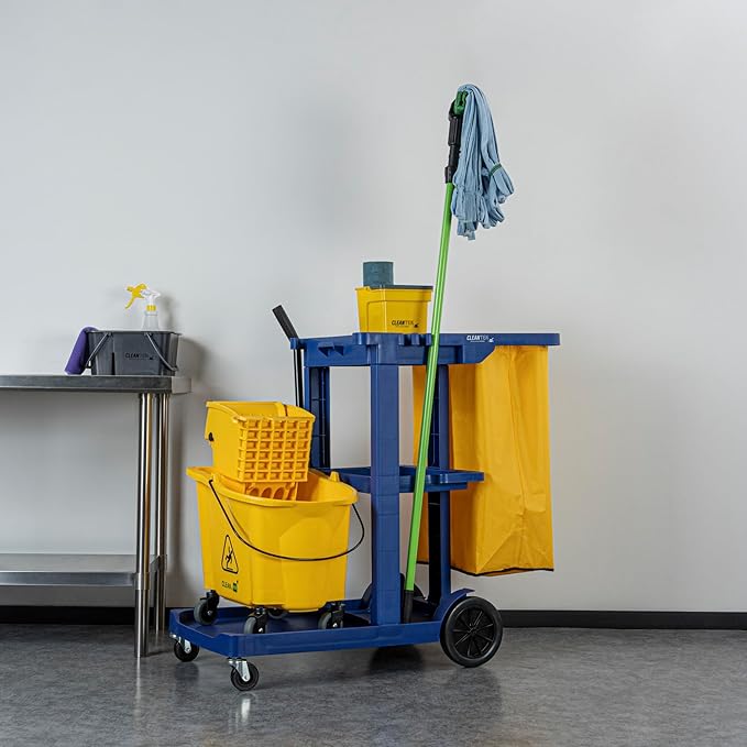 Restaurantware-Clean Tek Professional Janitor Cart with Wheels, 1 Cleaning Trolley with 18 Gallon Bag - 3 Shelves, Heavy-Duty, Blue Plastic Commercial Janitorial Cart, for Restaurants