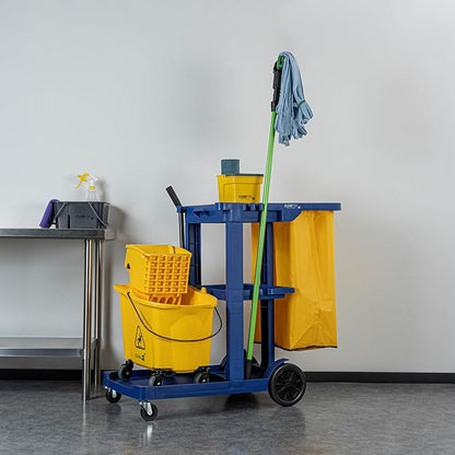 Restaurantware-Clean Tek Professional Janitor Cart with Wheels, 1 Cleaning Trolley with 18 Gallon Bag - 3 Shelves, Heavy-Duty, Blue Plastic Commercial Janitorial Cart, for Restaurants