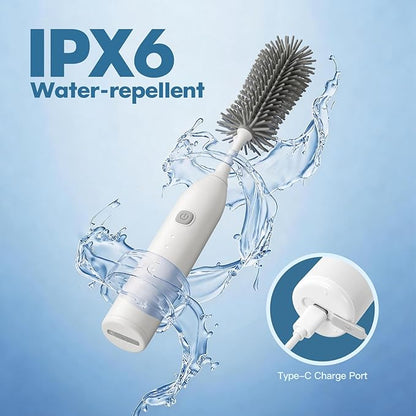 Electric Bottle Brush Cleaner, Electric Baby Bottle Brush Set with Silicone Bottle/Nipple/Straw Brush Soap Dispenser/Storage Bag for Home and Travel, White