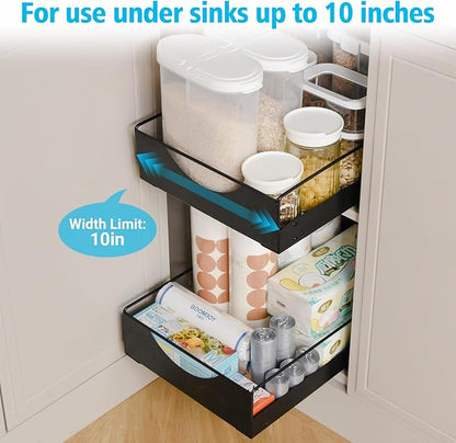 Under Sink Pull Out Organizer, Single-Tier Metal Drawer Slide Out Storage Shelf, No-Drill Nano Adhesive Installation, Fits 16"+ Deep Cabinets for Kitchen Bathroom Pantry Storage