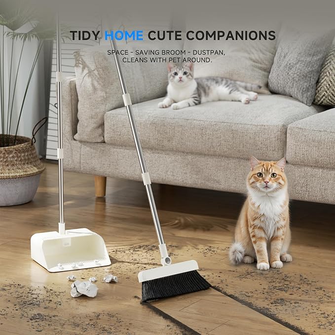 Magic Broom and Dustpan Set with Silicone Broom Squeegee, 55'' Broom with Dustpan Combo Set Self-Cleaning Teeth Design Upright Standing Dustpan for Indoor Floor Home Kitchen