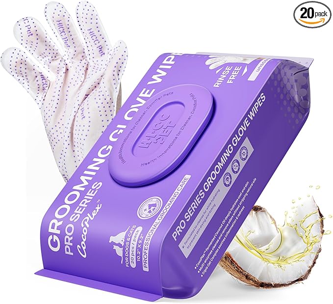 HICC PET Glove Wipes Pro Series for Dogs & Cats, Extra Thick Dual-Textured Grooming Wipes, Rinse-Free Shampoo Mittens for Quick Cleaning & Deodorizing, Perfect Between Baths, Travel
