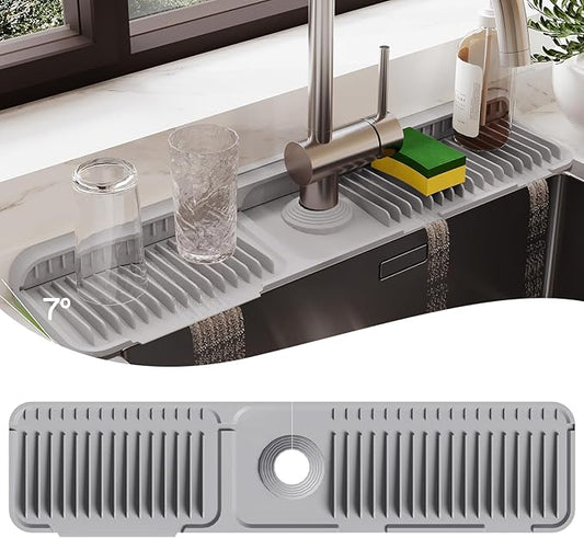 24 Inch Silicone Faucet Mat for Kitchen Sink Splash Guard – 2025 Upgraded Draining Mat with Water Tray Behind Faucet – Countertop Protectors to Catch Spills (Gray, 24" x 5.5" )