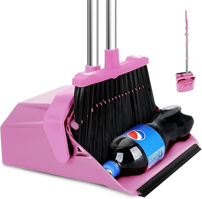 Tiumso Broom with Dustpan Combo Set, 51'' Broom and Dustpan Set, Brooms and Dust Pan with Handle, Brooms with Standing Dustpans, House Broom for Pets Hair and Floor Cleaning - Pink