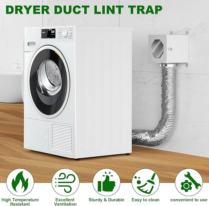 Dryer Lint Trap,Indoor Lint Trap for Dryer with 4inch Dryer Vent Hose, 2 Clamps, 3 Stainless Steel Mesh &Aluminum Foil Tape Cleaning Brush for Electric Clothes Dryers - Dryer Duct lint Trap (Metal)