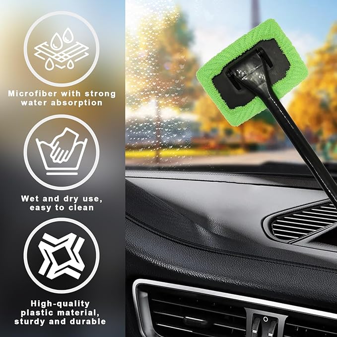 Augeny Car Windshield Cleaning Tool, Microfiber Window Cleaner Set with 4 Washable and Reusable Cloth Pad Head, Detachable & Unbreakable Handle and Spray Bottle, Universal Car Glass Cleaner Kit
