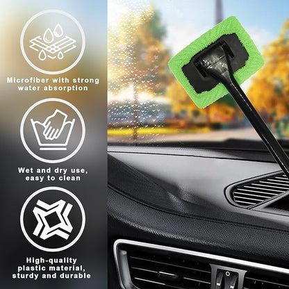 Augeny Car Windshield Cleaning Tool, Microfiber Window Cleaner Set with 4 Washable and Reusable Cloth Pad Head, Detachable & Unbreakable Handle and Spray Bottle, Universal Car Glass Cleaner Kit