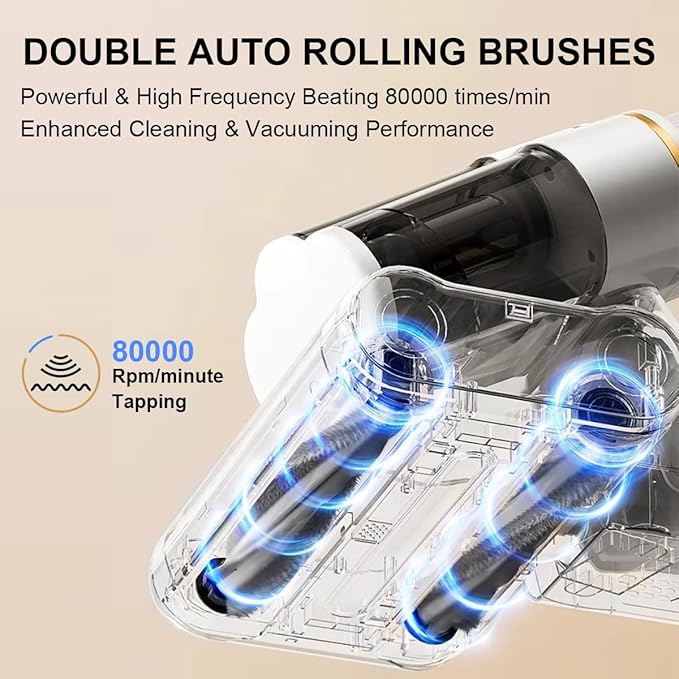 Mattress Vacuum Cleaner with UV-C Light 16Kpa Suction & 80000 rpm Double Brushrolls & Triple Cup, Heating & Ultrasonic & 2 Speeds & Widened Suction Port, Anti-Allergen Bed Vacuum Cleaner (Gold)