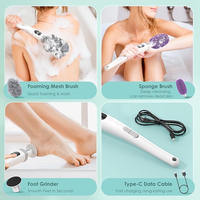 Electric Body Brush Back Scrubber for Shower, Waterproof Long Handle Power Body Scrubber with 3 Heads & 2 Speeds, Rechargeable Bath Brush for Cleansing, Exfoliating, Massaging and Foot Callus Remover