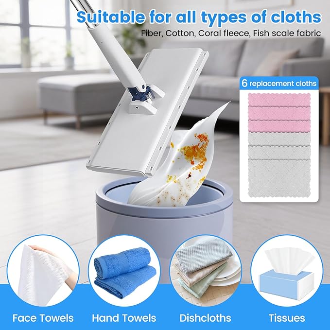 Snap Grip Mini Mop with 6 Washable Pads, Dust Mop Household Items for Wall Window Ceiling, Lazy Dry Wet Mops for Floor Cleaning for Home Kitchen Bathroom, Zero-Touch Flat Floor Mops with 47" Handle