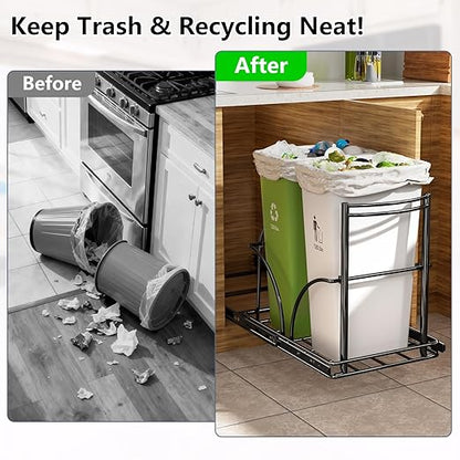 Dual Trash Can Pull Out Under Kitchen Sink Counter, NO CAN, Slider for Double 35Qt Bins(7-9 Gal), Recycling Bin & Garbage Can Pullout Kit, Quiet Close Sturdy Shelf, Requires Cabinet ≥16"W*17"H*23"D