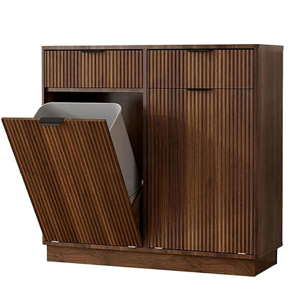 20 Gallon Double Tilt Out Trash Can Cabinet,Fluted Tilt Out Laundry Hamper Cabinet,Suitable for Kitchens, Laundry Rooms and Living Rooms Walnut Brown