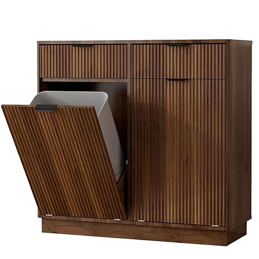 20 Gallon Double Tilt Out Trash Can Cabinet,Fluted Tilt Out Laundry Hamper Cabinet,Suitable for Kitchens, Laundry Rooms and Living Rooms Walnut Brown