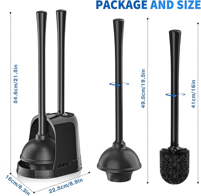 LOVLOY Toilet Plunger and Brush, Bowl Brush and Heavy Duty Toilet Plunger Set with Ventilated Holder, 2-in-1 Toilet Brush and Plunger Combo for 5.3-inch Toilet Drain Bathroom Cleaning (Black)