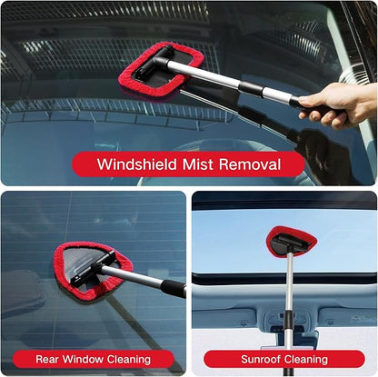 Qydipclin 10pcs Windshield Cleaning Tool Inside Car Window Cleaner Wash Kit with 4 Reusable Microfiber Pads 1 Spray Bottle and Extendable Handle Interior Auto Glass Wiper Kit, Red