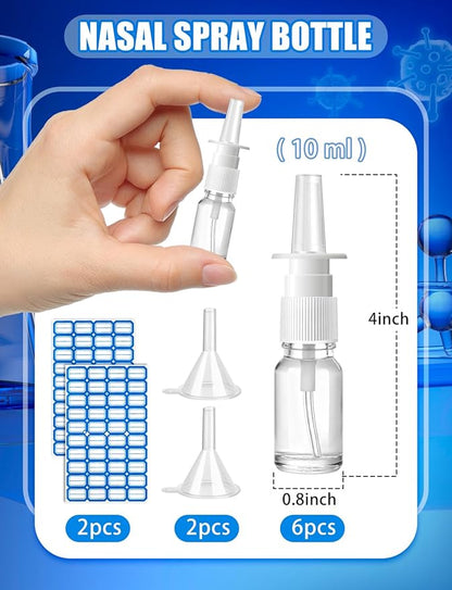 10 Pcs Nasal Spray Bottle, 10ML/0.35OZ Glass Transparent Empty Nasal Nose Spray Bottles Refillable with 2 Funnels and 2 Labels
