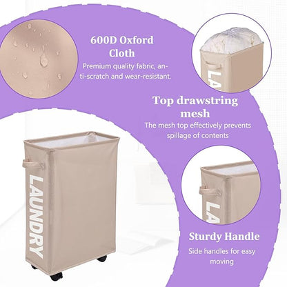 Slim Rolling Laundry Hamper with Wheels, 42L Collapsible Narrow Laundry Basket with Drawstring Mesh Cover, Foldable Dirty Clothes Organizer for Bathroom, Dorm, Small Spaces, Khaki