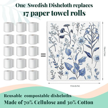Spring Flower Swedish Dishcloths for Kitchen, Blue Swedish Dish Cleaning Cloths for Floral, Papaya Reusable Paper Towels, 4 Pack Dish Towels for Kitchen, Reusable Paper Dishcloths Washable
