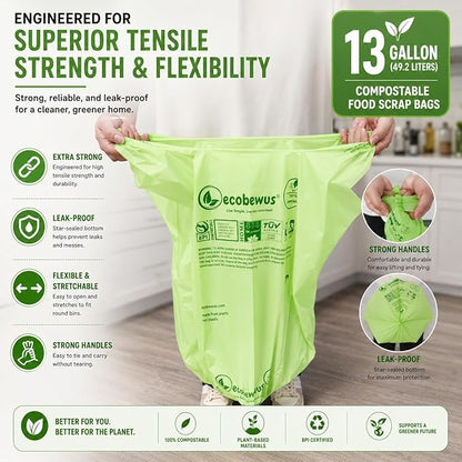 100% Compostable 13 Gallon Bags (35 Bags) Tall Kitchen Food Scrap Disposable Compost Trash Bgas Certified Composte Bags US BPI & OK Compost Home Certified by Meeting ASTM D6400 (35 ct.)