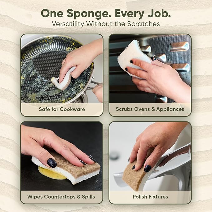 Plant-Based Kitchen Sponges (24 Pack) | USDA Biobased Certified | FSC & PETA Approved | Natural Cellulose & Coconut Scrubber Sponge | S-Shaped Design | Eco-Friendly, Non-Scratch, Non-Toxic & Vegan