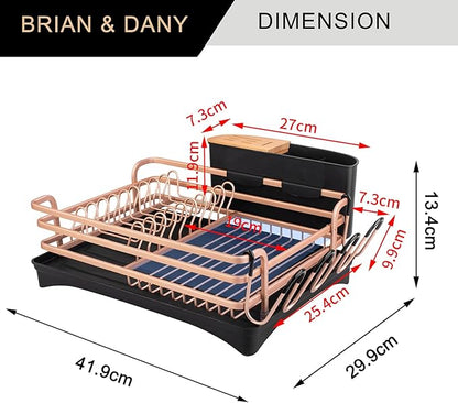 BRIAN & DANY Aluminum Dish Drying Rack, Dish Racks for Kitchen Counter, Dish Drainer with Removable Cutlery Holder & Cup Holder, Unique 360° Swivel Spout Drainboard, 16.5" L x 11.8" W, Golden