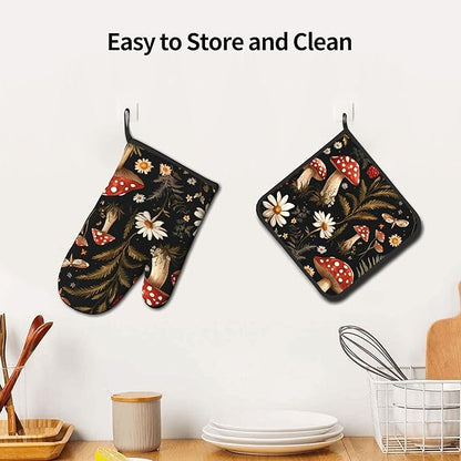 Mushroom Oven Mitt Pot Holder Set Vintage Floral BBQ Cooking Gloves with Loop Baking Grilling Kitchen Gifts for Spring Summer