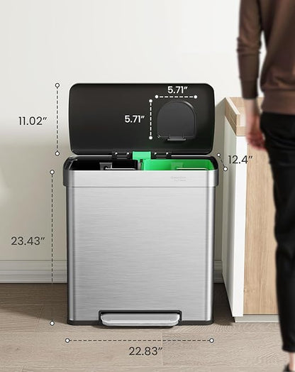 Cesun GreenGrin Kitchen Trash Can, 2x8 Gallon Dual Compartment Trash and Recycle Bin Combo, Double Stainless Steel Step Garbage Can with Lid,Recycling Push Flap,Removable Inner Buckets,30L+30L(Sliver)