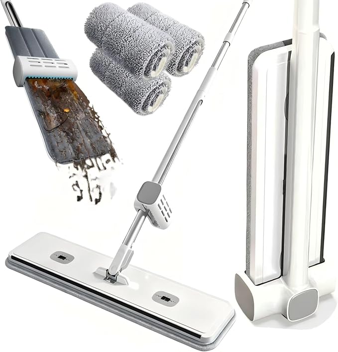 Hands Free Microfiber Mop with 4 Washable Pads, 61" Stainless Steel Handle, Efficient Flat Mop for All Hard Floors