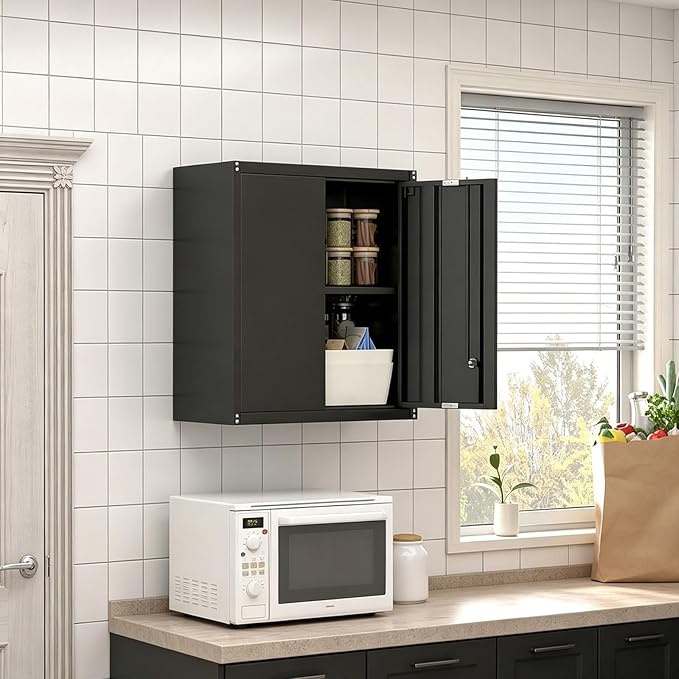 Garage Wall Cabinets,Metal Wall Cabinet for Garage with Locking Doors,Locking Storage Cabinet with Shelf,Wall Mount Cabinet for Home Office,Utility Room,Black