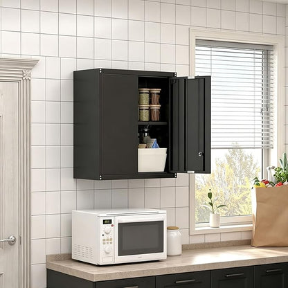 Garage Wall Cabinets,Metal Wall Cabinet for Garage with Locking Doors,Locking Storage Cabinet with Shelf,Wall Mount Cabinet for Home Office,Utility Room,Black