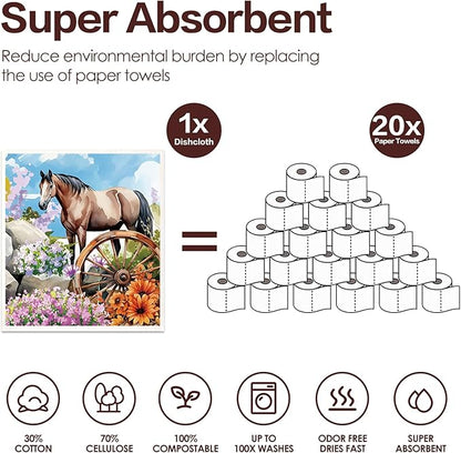 Horses Swedish Dishcloths for Kitchen, 6 Pack Farmhouse Absorbent Dish Cloths for Washing Dishes, Reusable Washable Paper Towels Cloth for Kitchen Countertop Sink Fast Drying Sponge Cloths