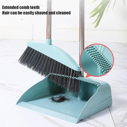Broom and Dustpan Set for Home Indoor 180 Rotatable Broom with Dustpan Combo Set for Office Home Kitchen Lobby Floor Cleaning Broom Dustpan for Indoor & Outdoor Sweeping (Blue)