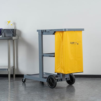 Restaurantware-Clean Tek Professional Janitor Cart with Wheels, 1 Cleaning Trolley with 18 Gallon Bag - 3 Shelves, Heavy-Duty, Gray Plastic Commercial Janitorial Cart, for Restaurants