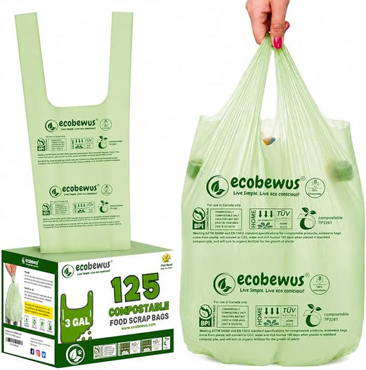 3 Gallon 100% Compostable Bags (125 Bags) Small Disposable Compost Trash Bags Food Scrap Garbage Bags US BPI Certified TUV OK Compost Home Certified Meeting ASTM D6400 (125 ct.)