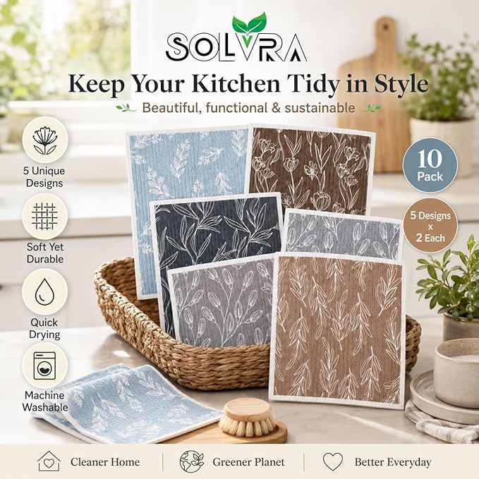 10 PCS Leaf Print Swedish Dishcloths for Kitchen 100% Biodegradable Reusable Cellulose Sponge Cloths Ultra Absorbent, Eco-Friendly Cleaning Towels Dishcloths for Washing Dishes & General Cleaning
