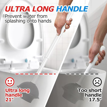 FORASTO 2Pack 2 in 1 Toilet Brush and Plunger Set, Extended Handle Plunger，Toilet Bowl Brush Plunger Set,Bathroom Cleaning Tools ，Toilet Brush Plunger Combo，Cleaning Brush，Cleaning Supplies(White)