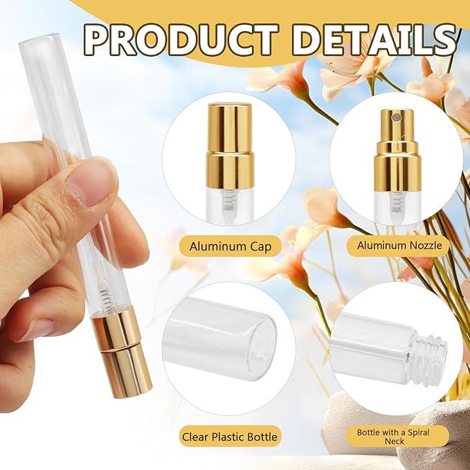 Zorfeter 20 PCS Clear 10ml Atomizer Glass Mist Spray Bottle, Refillable Mini Perfume Atomizer Travel Sample Bottle, Golden Makeup Container for Perfume/Travelers