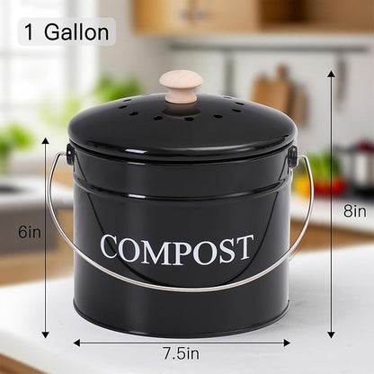 Compost Bin - 1 Gallon Countertop Composter with Lid and Charcoal Filters, Rust Proof Indoor Bucket for Kitchen Food Waste