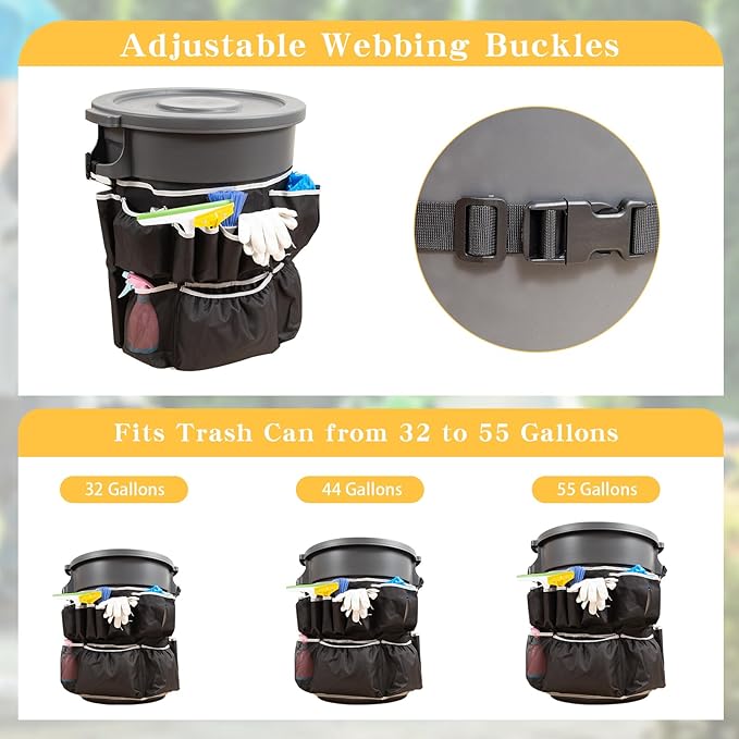 Trash Can Caddy Bag,Cleaning Caddy Bag for 32-55 Garbage Bags Holder,Round Trash Bags Holder,Cleaning Tool Organizer for 13 Pockets,Cleaning for Cleaning Supplies