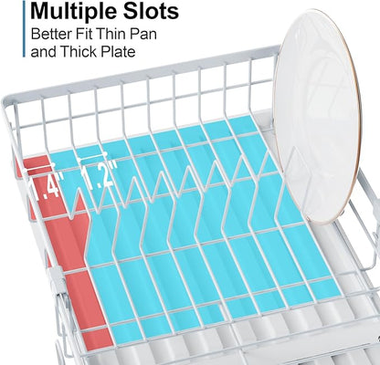 GSlife Expandable Dish Drying Rack for Kitchen Counter, 12-20.5 Inch Compact Dish Rack with Drainboard, Swivel Spout, Cup & Utensil Holder, Rust-Resistant Dish Drainer for Small Kitchen, RV, White