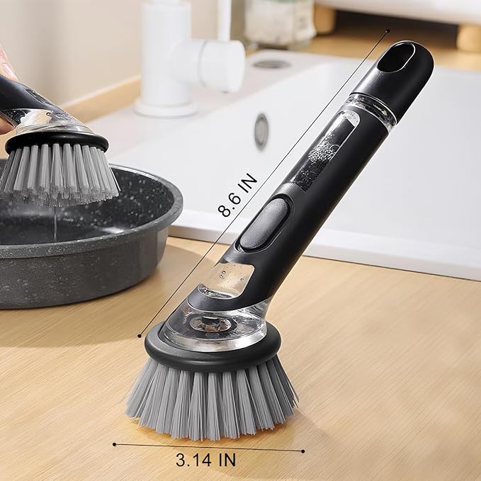 Dish Brush with Soap Dispenser: Kitchen Dish Scrubber, Extended Leak-Proof Handle for Pot Pan Sink Dishes Deep Cleaning