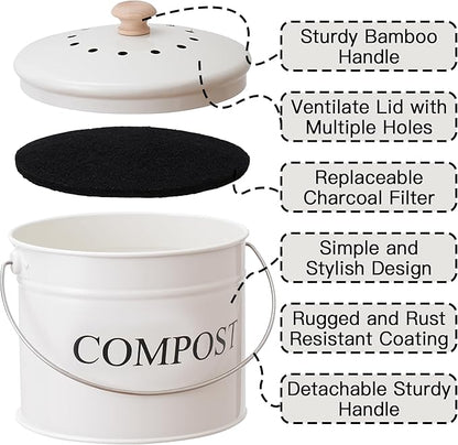 Compost Bin - 1 Gallon Countertop Composter with Lid, Charcoal Filters, Rust Proof Indoor Food Waste Bin