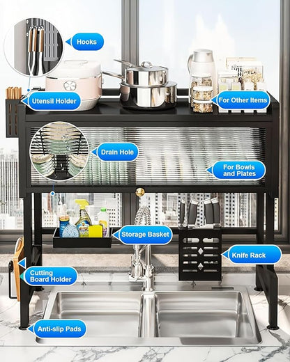 ASIEIT Dish Drying Rack, 3-Tier Over The Sink Dish Drying Rack, 33.5" Over Sink Dish Rack for Small Kitchen, Space-Saving Dish Rack with Cover, Baskets, Utensil, Large Sink Storage Organizer Black